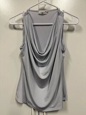 Calvin Klein Light Gray Draped Cowl Neck sleeveless blouse.